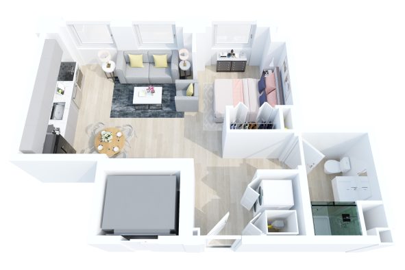 The Benton floorplan: Studio, 1 bath apartment home
