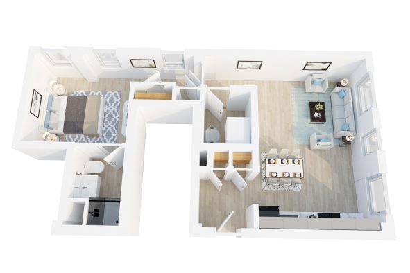 The Coin floorplan: 1 bedroom, 1 bath apartment home