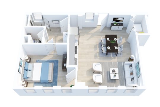 The Krueger floorplan: 1 bedroom, 1 bath apartment home