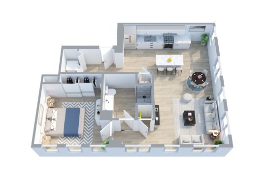 The Russell floorplan: 1 bedroom, 1 bath apartment home